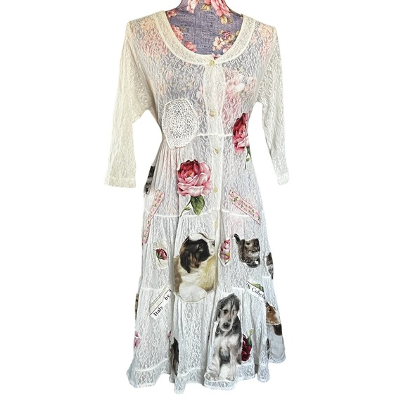 Custom puppy kitten rose patchwork long sleeve lace babydoll dress. Size M - Picture 8 of 8